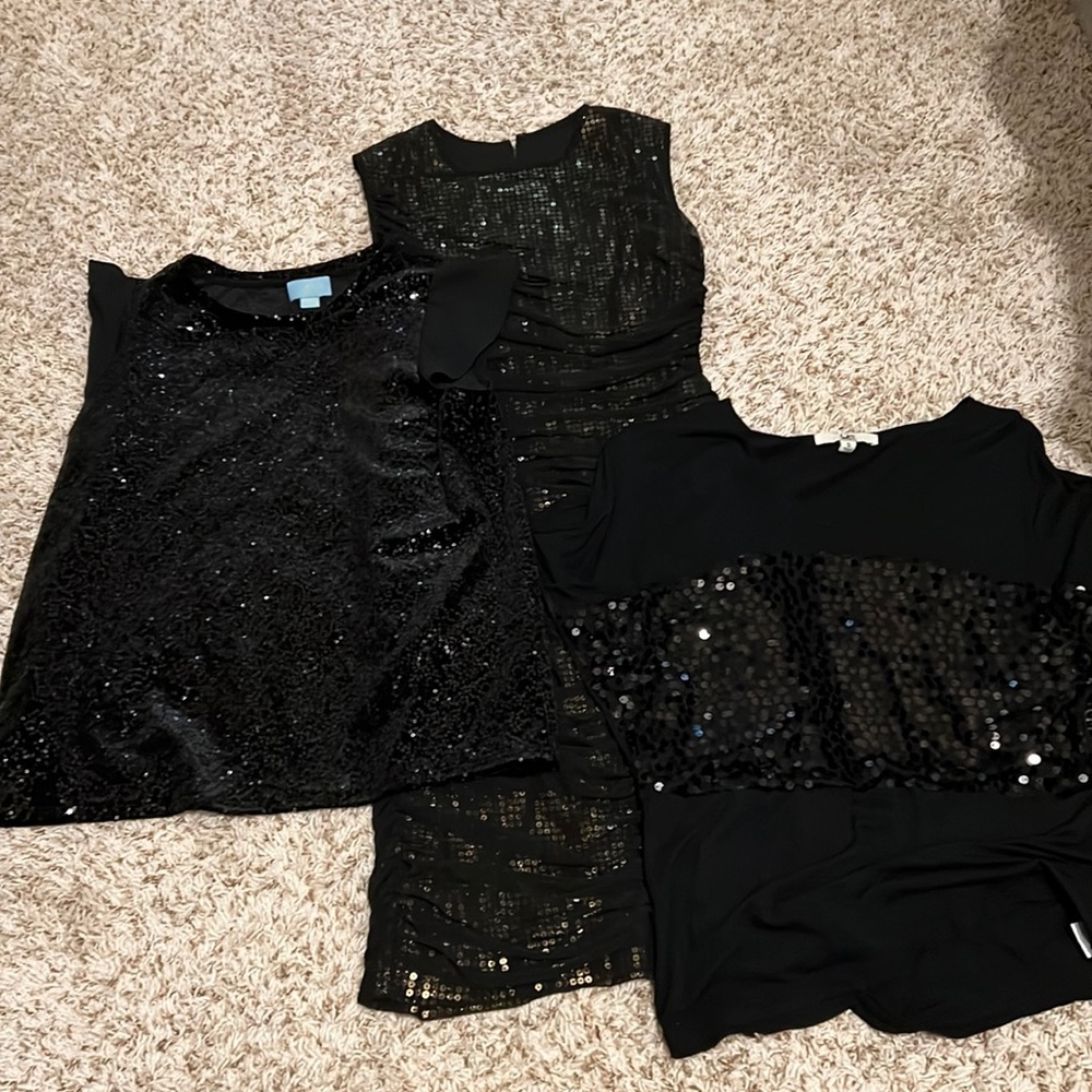 Black sequins galore!  3 worn once women’s dress and tops
